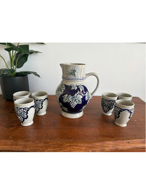 Vintage German Stoneware Pitcher and 6 Cup Set